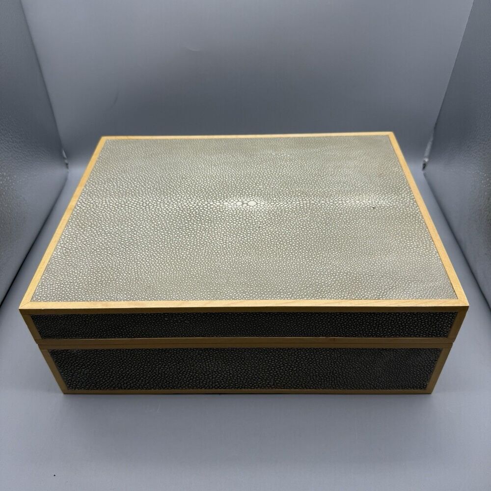 Shagreen Genuine Stingray Trinket Jewelry Box 12-5/8”x 9-7/8” Gray Tan